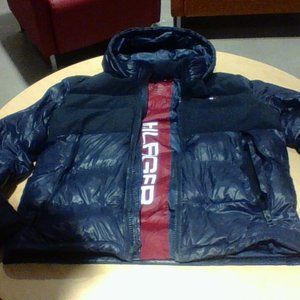 Dark blue Tommy Hilfiger water resistant zip up Puffer jacket with hood size L
